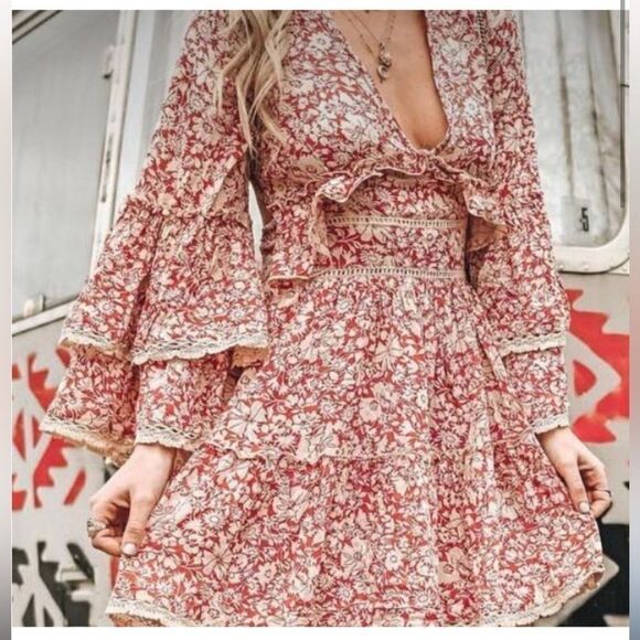 Free People Kristall Berry Red Floral Print Bell Sleeve Mini Dress size large - Picture 5 of 14